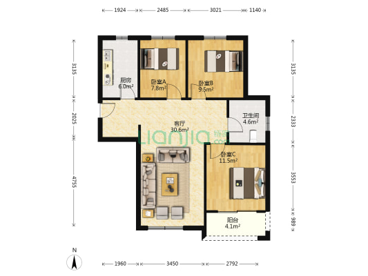 润泰锦园 3室1厅1卫 104平方