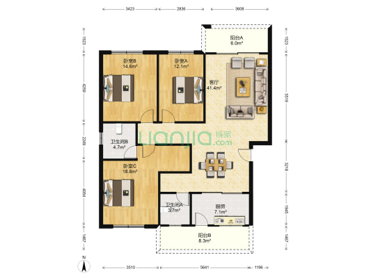 鑫磊漓江湾 3室1厅2卫 139平方