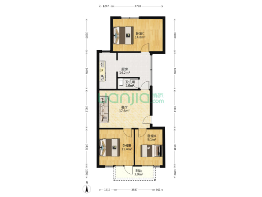 电力设计研究院宿舍 3室1厅1卫 90平方