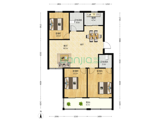 佳业花苑 3室1厅2卫 110平方