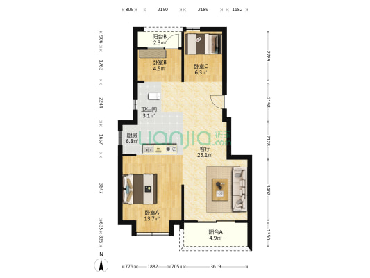 碧桂园御江东郡 3室1厅1卫 84平方