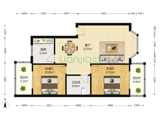 赛云台北路10号院 2室1厅1卫 90平方