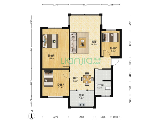 春雨小区 3室2厅1卫 87平方