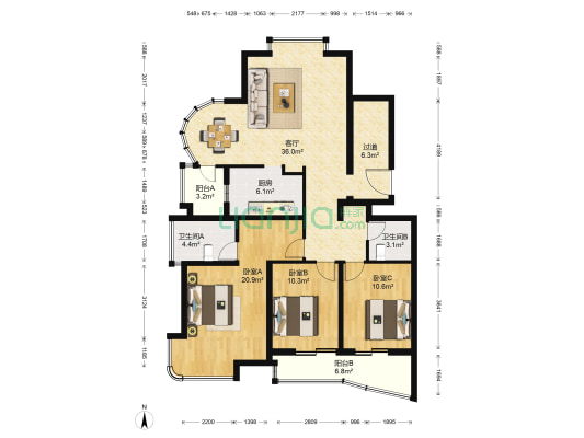 铂晶嘉园 3室1厅2卫 132平方