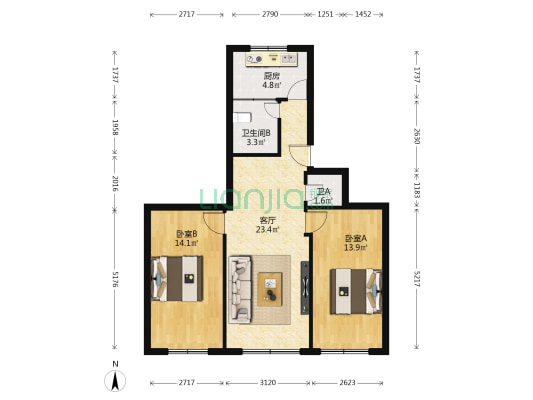 滩尖子村（民房） 2室1厅2卫 80平方