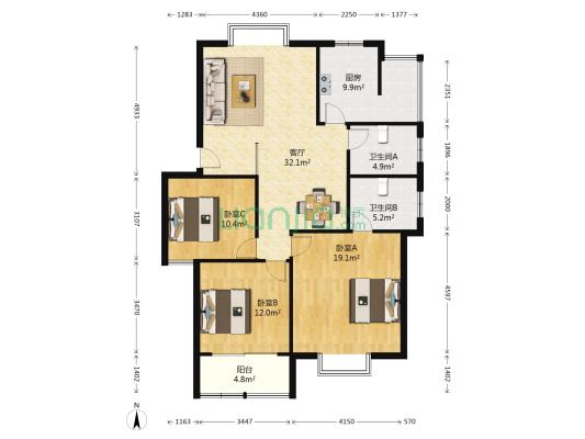 锦江花园二期 3室1厅2卫 118平方