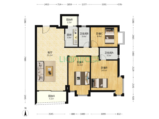 明都华庭泊岸森邻 3室1厅2卫 113平方