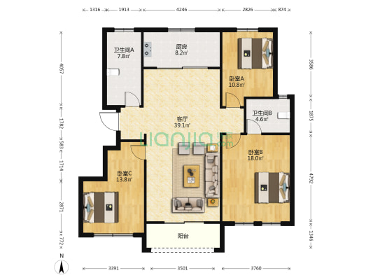 绿晟花苑 3室1厅2卫 135平方