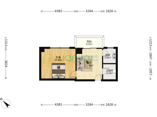 鸿盛花园 1室1厅1卫 54平方