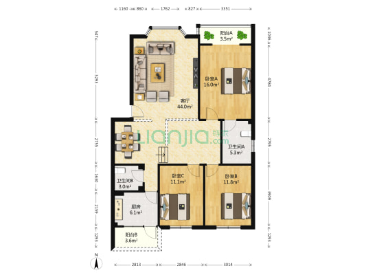 千喜鑫城 3室1厅2卫 128平方