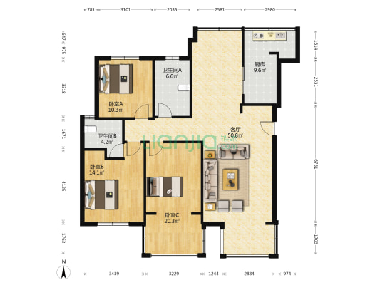 福源名居 3室1厅2卫 131平方