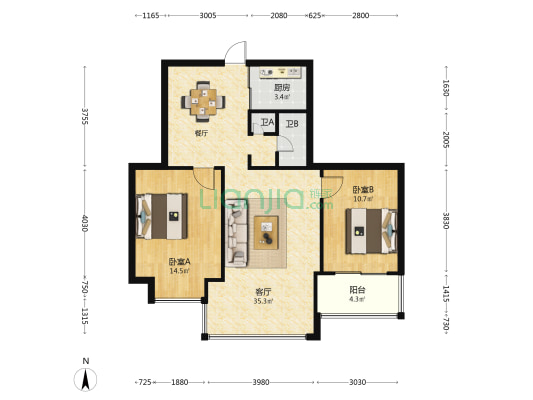 上三路178号 2室1厅2卫 83平方