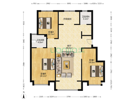 荷信苑南区 3室1厅2卫 67平方