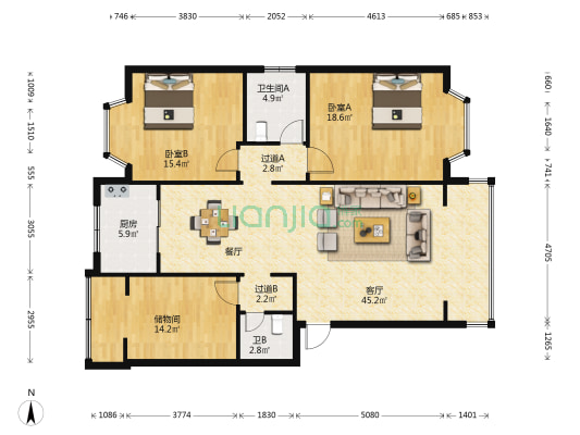 沁园 2室1厅2卫 130平方