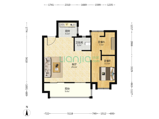 中梁力高云湖印 2室1厅1卫 88平方