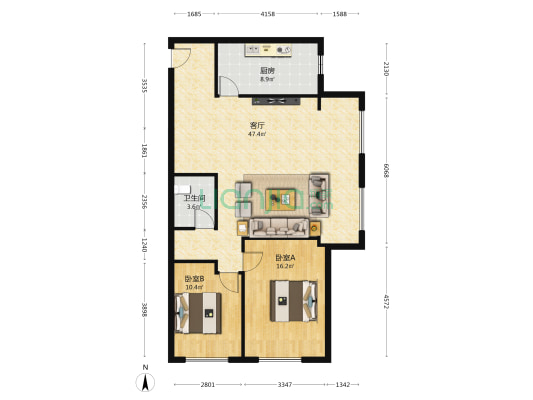 中海时代公馆 2室1厅1卫 120平方