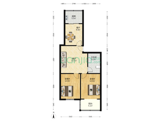 铁路花园小区 2室2厅1卫 85平方