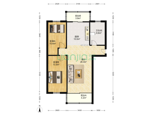 朝阳小区 2室1厅1卫 90平方