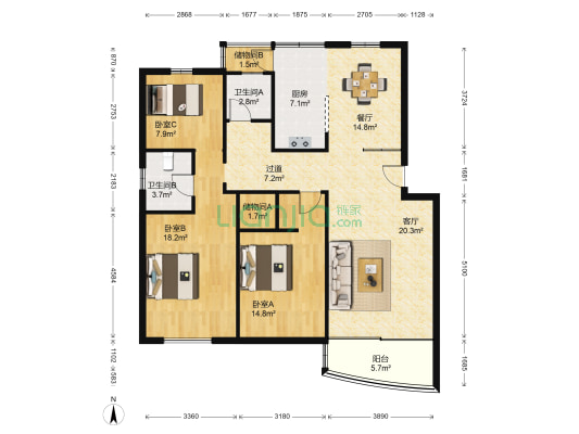东方花园(工业园区) 3室2厅2卫 126平方