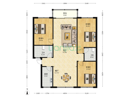 清山商住楼 3室2厅2卫 138平方
