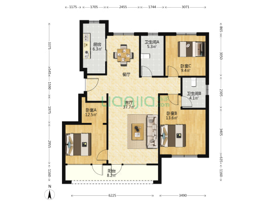 绿城诚园二期 3室1厅2卫 115平方