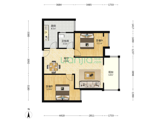 美好小区 2室1厅1卫 80平方