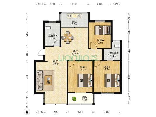 规划设计院宿舍 3室2厅2卫 110平方