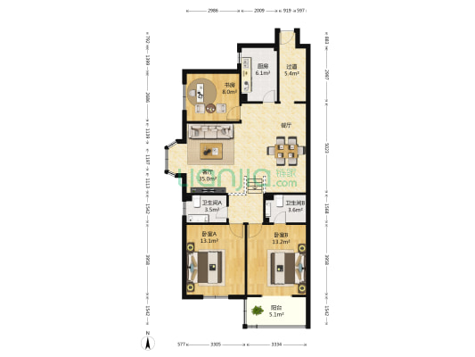 康居小区B区 3室1厅2卫 119平方