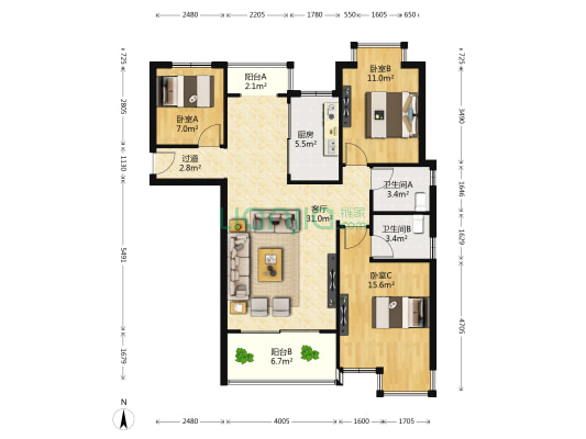 观水花园 3室1厅2卫 97平方