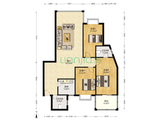 政华嘉园 3室1厅2卫 136平方