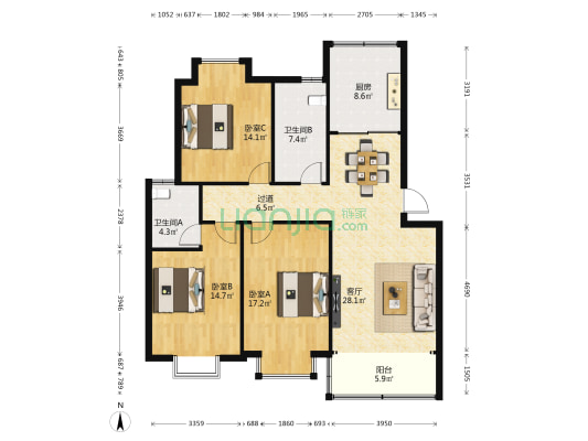 玉溪路20号 3室1厅2卫 128平方