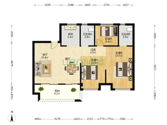 四季华庭 3室1厅2卫 108平方