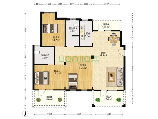 金阳南山里 3室1厅2卫 125平方