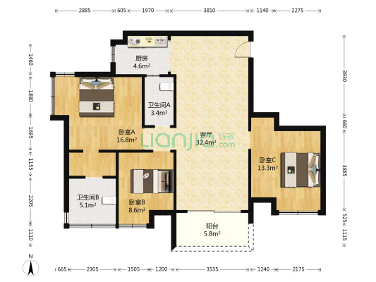 凯蓝滨江名门花园 3室1厅2卫 83平方