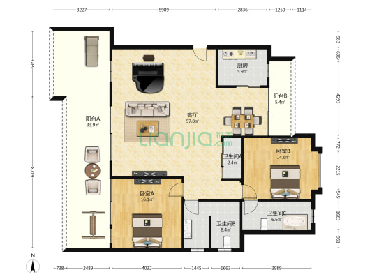 兰海滨河城市花园三区 2室1厅3卫 145平方