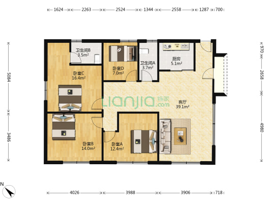 大良富华楼 4室1厅2卫 137平方