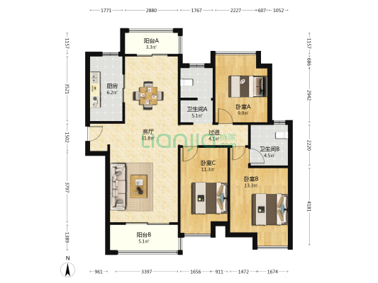 清能清江锦城玥园 3室1厅2卫 125平方