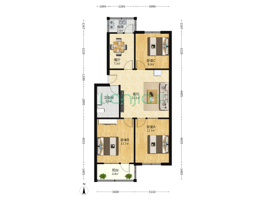 新奥小区 3室2厅1卫 97平方