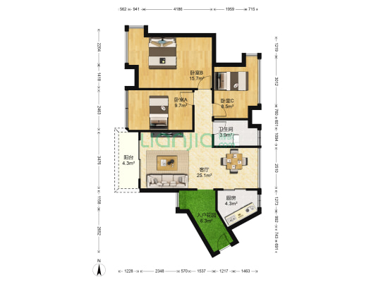 丽雅嘉园 3室1厅1卫 91平方