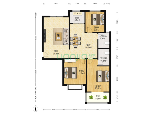 健达花苑 3室2厅2卫 142平方