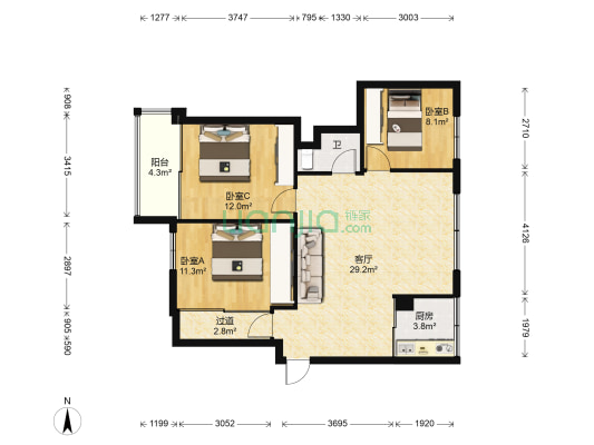 芳景大厦 3室1厅1卫 110平方