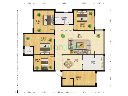 五一路253号 4室2厅2卫 125平方