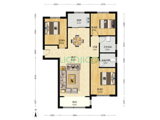 方村嘉苑四区 3室1厅2卫 130平方