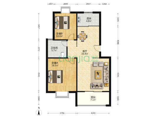 水岸名都丁香园 2室1厅1卫 91平方