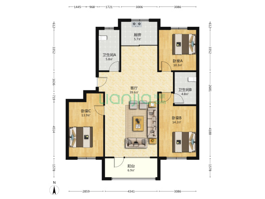 北岭新村 3室1厅2卫 129平方
