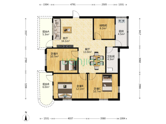 龙泉花园 3室2厅1卫 98平方
