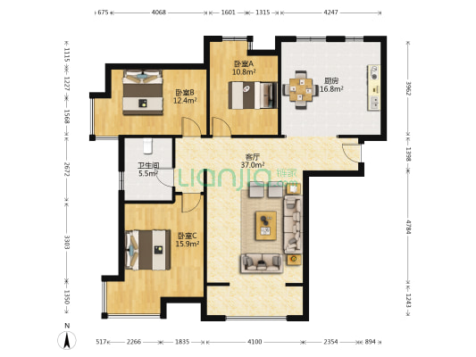 蓝山花园东区 3室1厅1卫 136平方