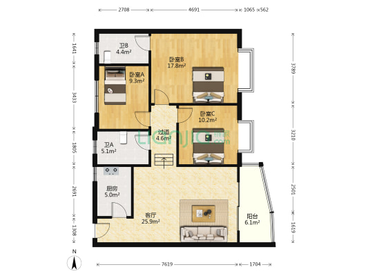北景花园 3室1厅2卫 105平方