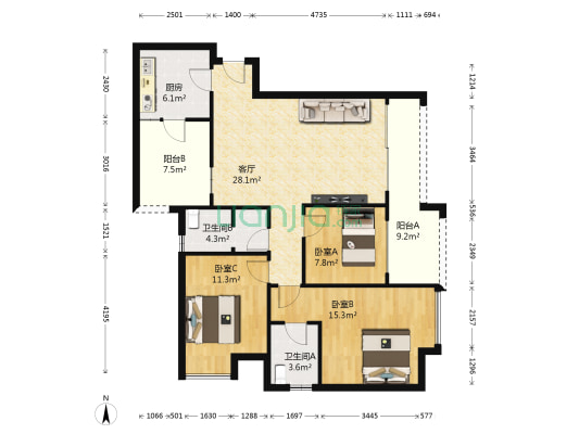 在水一方二期 3室1厅2卫 103平方
