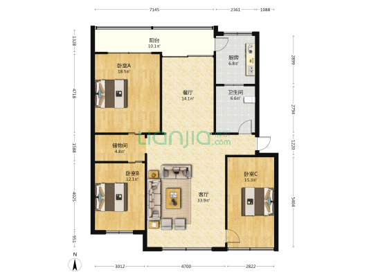 爱民街56号 3室2厅1卫 144平方